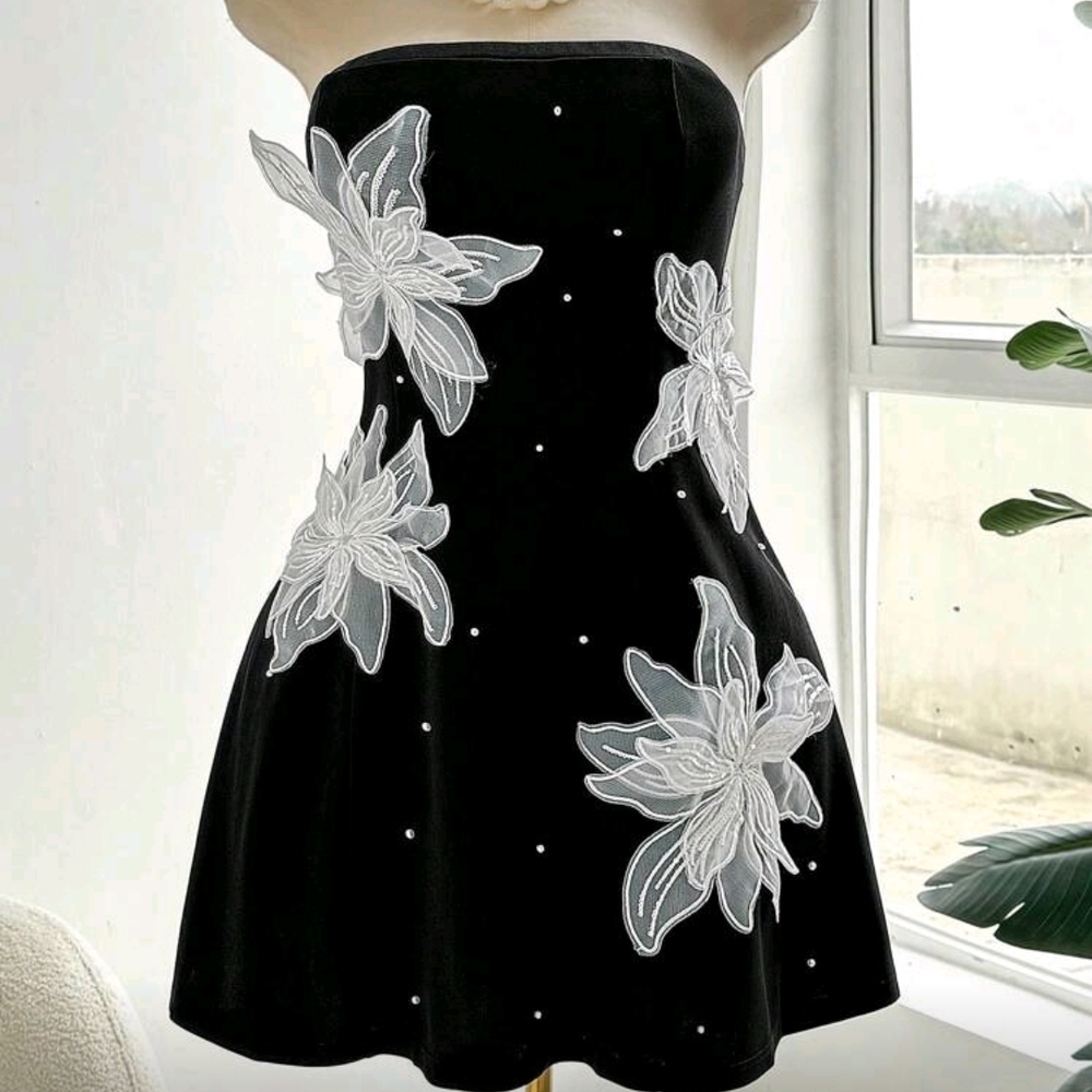 SHEIN Black Strapless Dress with White Floral Design ( Nwot)